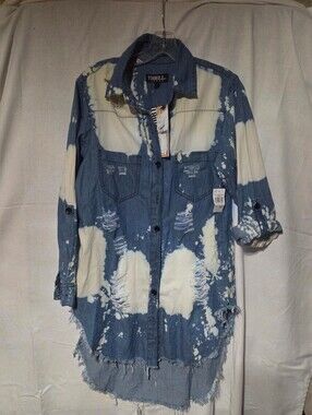 Thrill Blue and White Bleached Distressed Denim Shacket